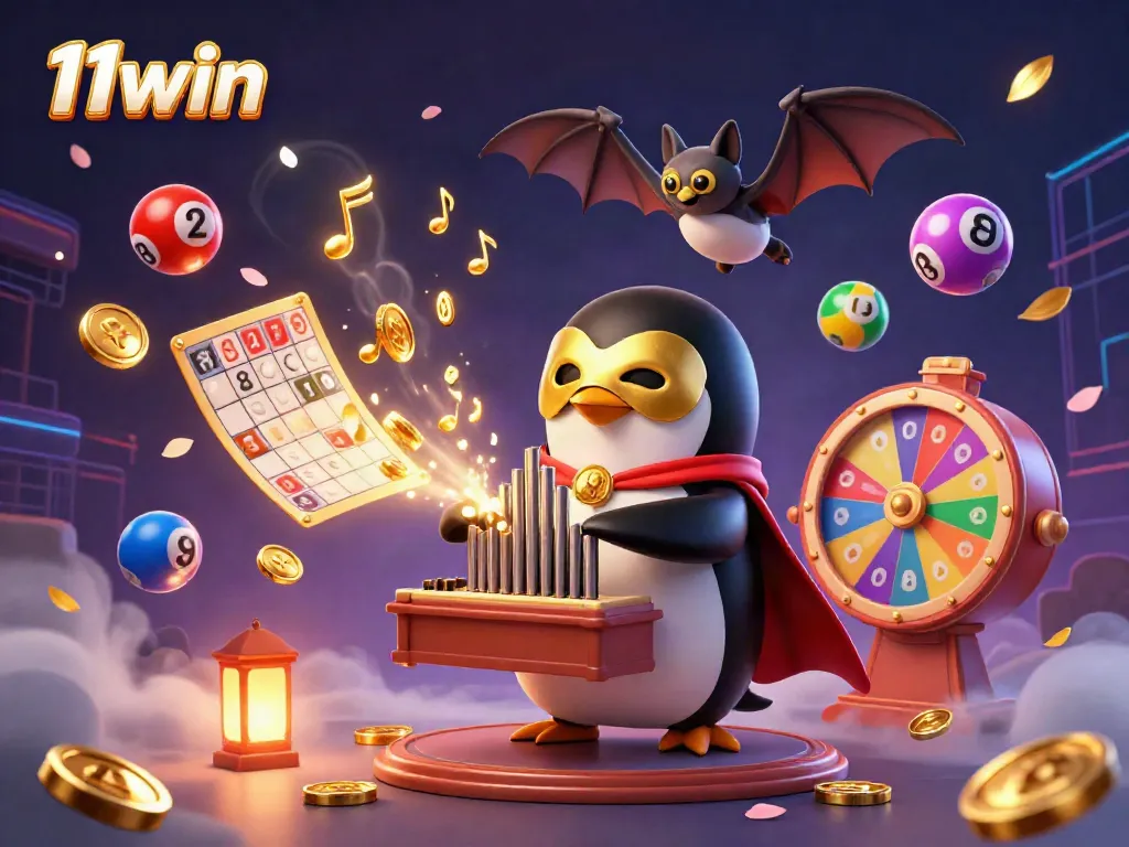 Experience the thrill of 11win with dynamic 3D illustration of a penguin and acrobat performing amidst colorful gambling elements.