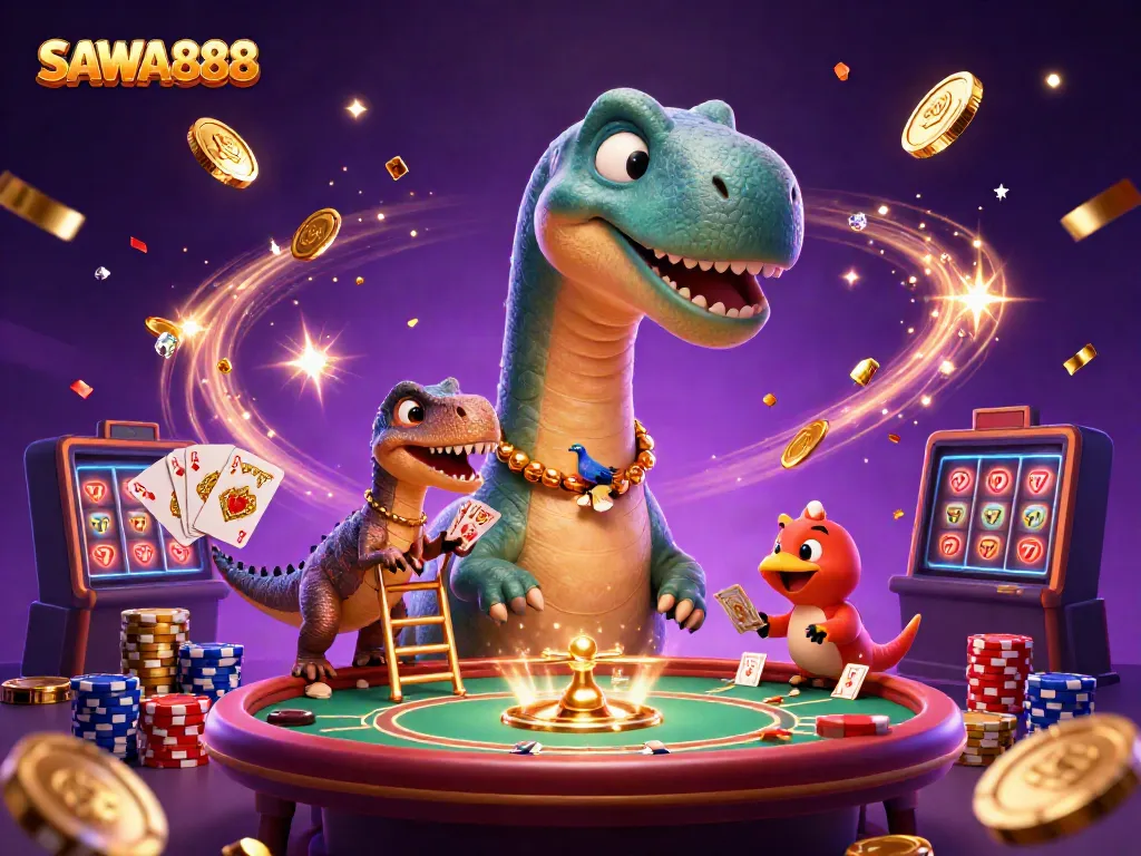 Engage with the SAWA888 casino scene featuring the playful brontosaurus, clever raptor, and dynamic gambling elements.