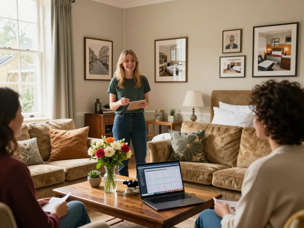 Inviting scene of Airbnb management in Bath, showcasing cozy rental space, engaged host, and warm hospitality.