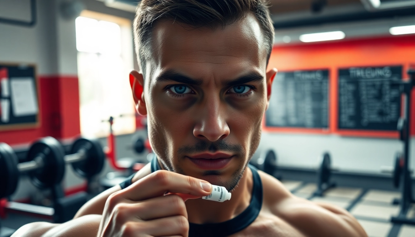 Clenbuterol kaufen: Sportler konzentriert bei der Vorbereitung im Fitnessstudio.