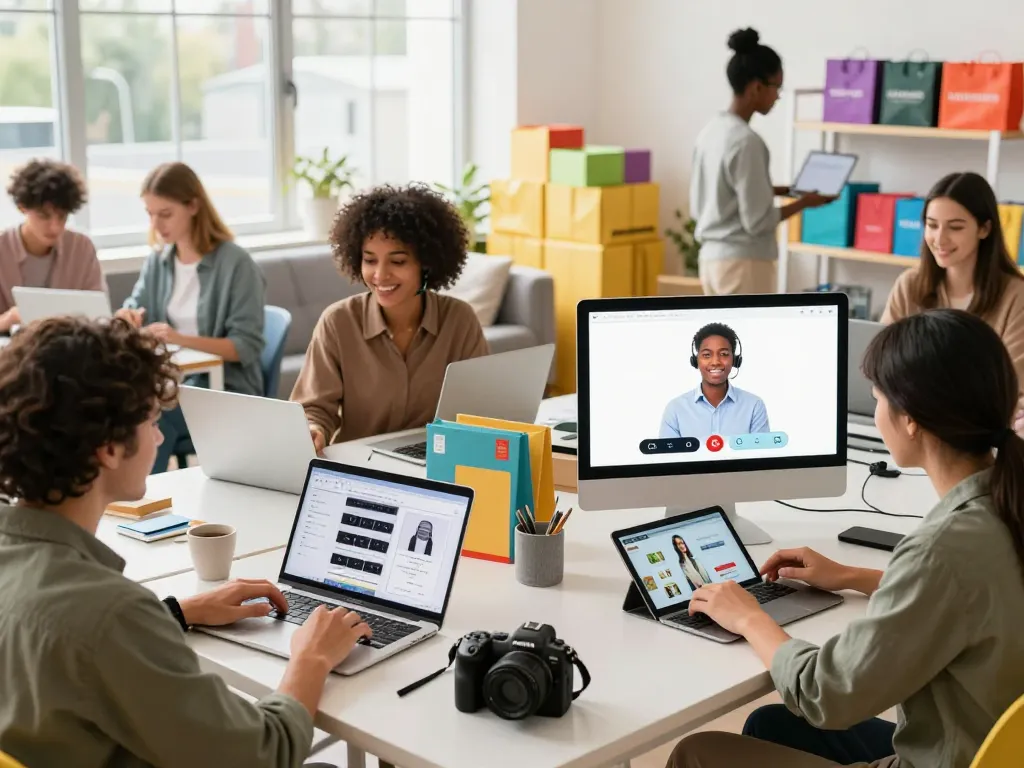 Lebhafte E-Commerce-Szene, die Kunden zeigt, die Sofort Lieferbar Produkte, Laptops und bunte Displays einkaufen.