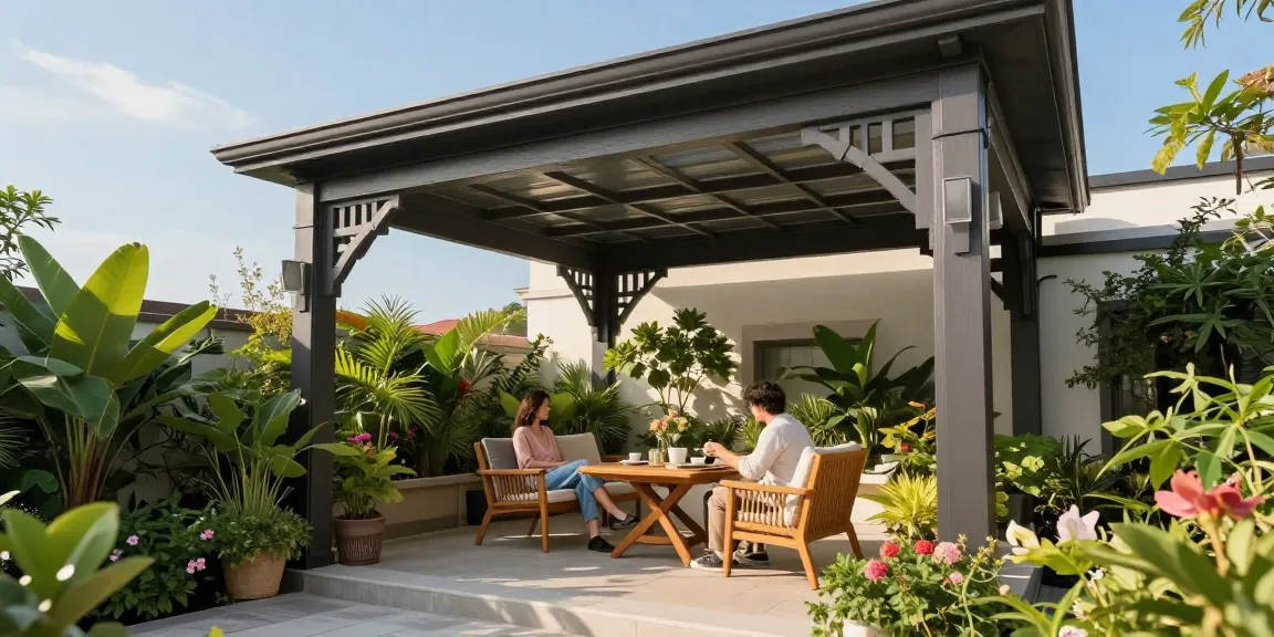 Freistehende Terrassenüberdachung im Garten mit gemütlicher Teerunde und grünen Pflanzen.