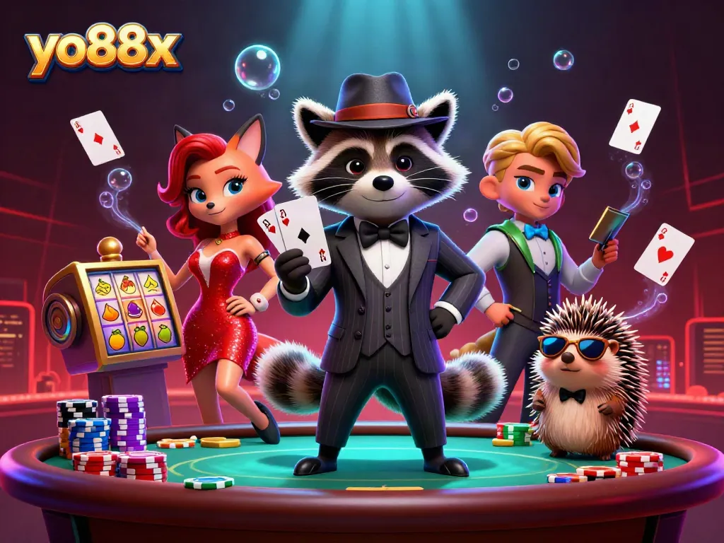 Experience vibrant casino action with yo88x as a suave raccoon leads with a royal flush