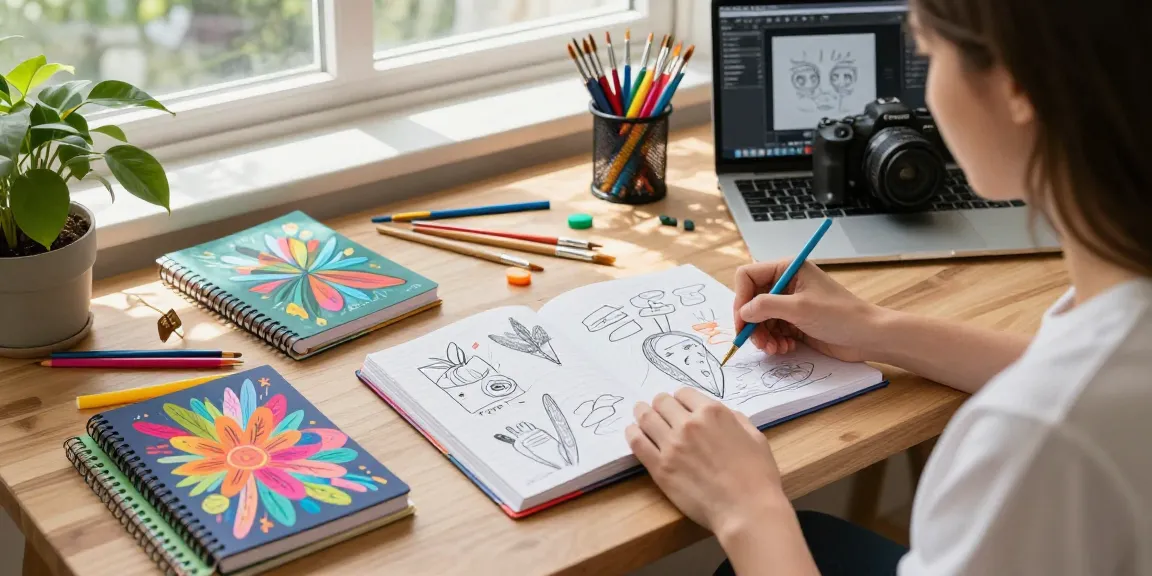 Custom printed notebooks showcased in an artistic workspace with vibrant colors and stationery