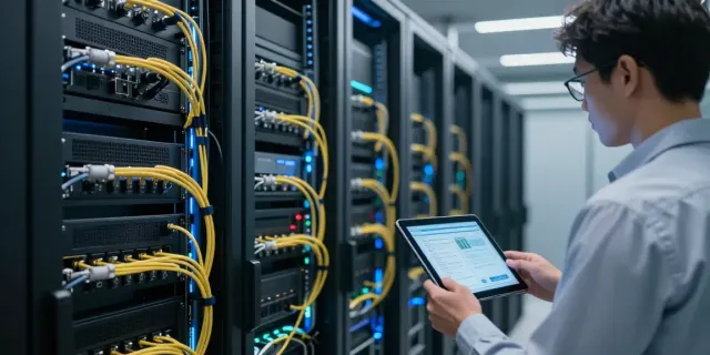 Server configuration review in a modern data center with illuminated server racks and engineers.