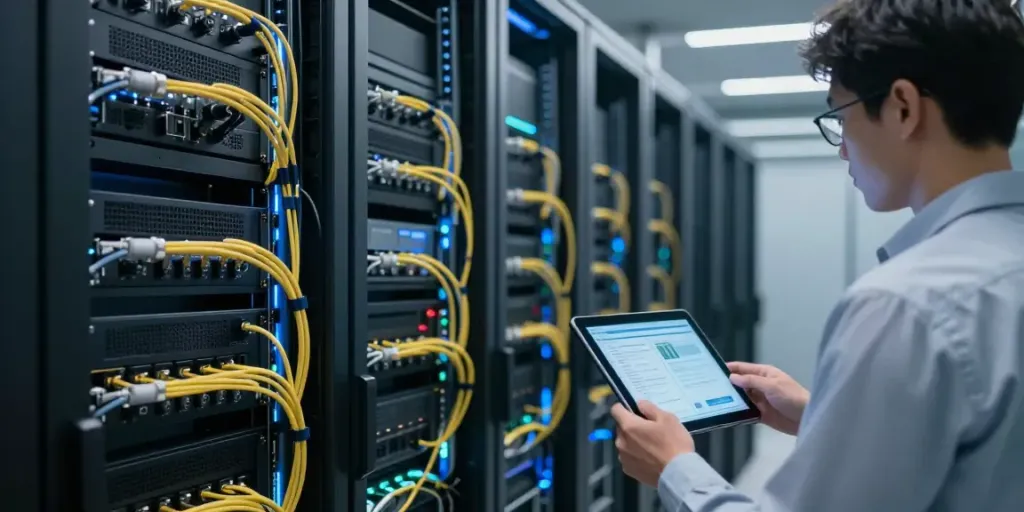 Server configuration review in a modern data center with illuminated server racks and engineers.