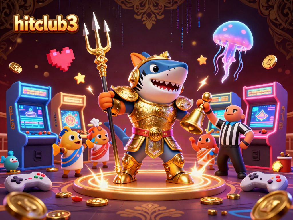 Experience thrilling gameplay at hitclub3, featuring a tiger shark gladiator and vibrant game elements.