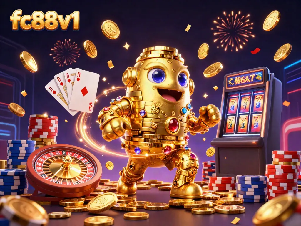 Experience excitement at fc88v1 with a golden golem and casino elements in a dynamic 3D scene.