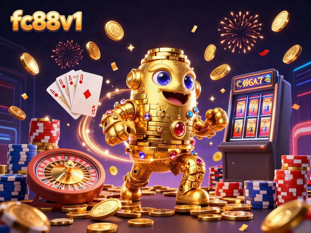 Experience excitement at fc88v1 with a golden golem and casino elements in a dynamic 3D scene.