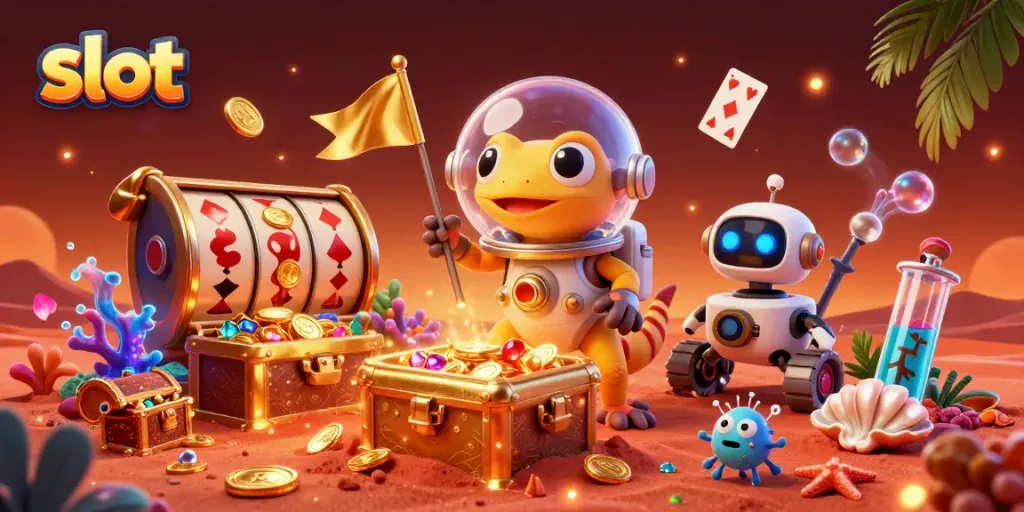 Experience thrilling slot gameplay in a vibrant 3D casino universe with Martian characters.