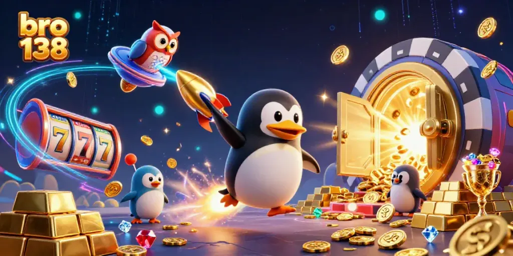 Experience the excitement of bro 138 with a golden penguin and casino elements in this dynamic illustration.