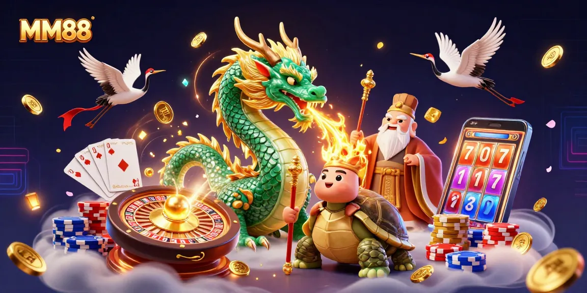 Experience thrilling moments at MM88 with an emerald dragon and lucky symbols in a vibrant casino scene.