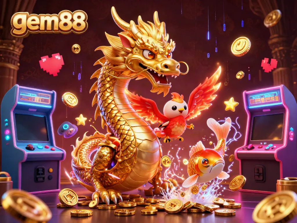 Experience thrilling wins at gem88 with a dynamic scene of a golden dragon, phoenix, and koi fish amidst vibrant casino-themed elements.