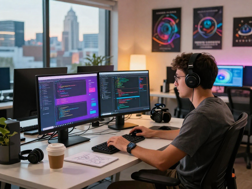 Skilled developer focused on debet software at a bright tech workspace with multiple monitors.