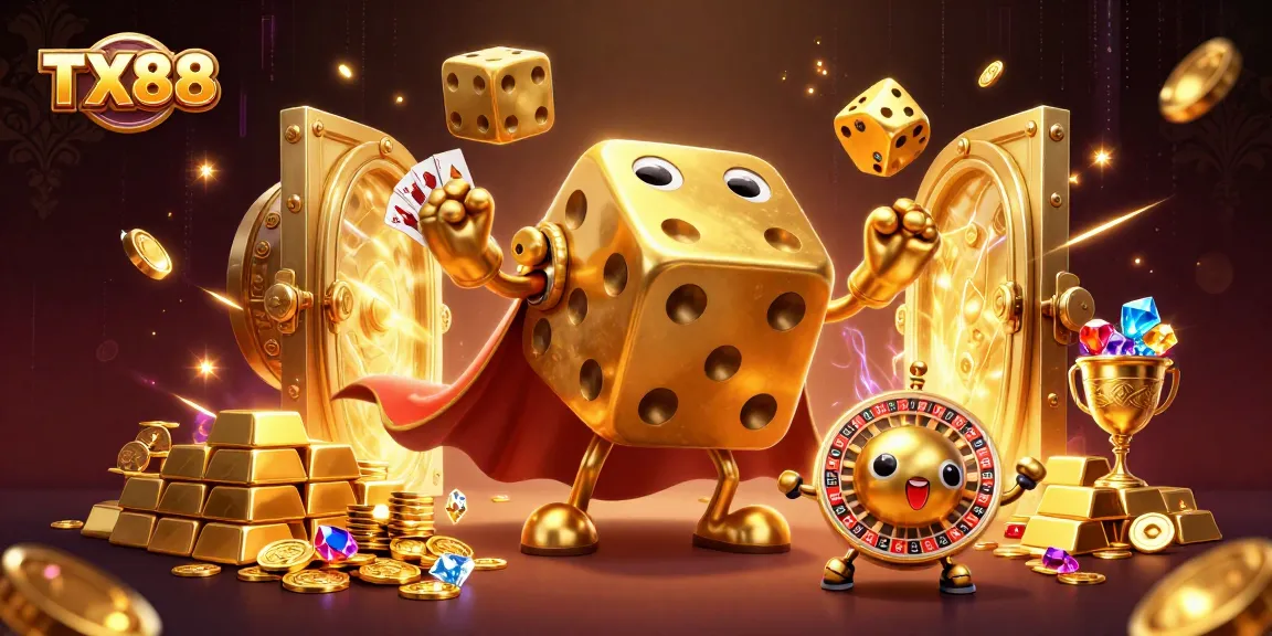 Engage in thrilling gameplay with TX88's golden dice golem amidst treasures in a vibrant casino.