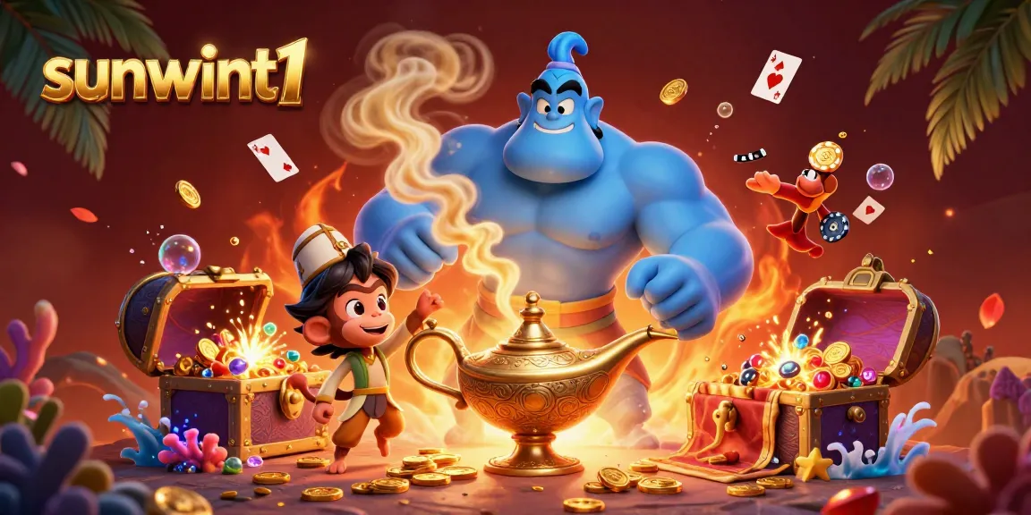 Experience exciting wins with sunwint1’s lively genie, monkey, and poker chips in a packed casino scene.