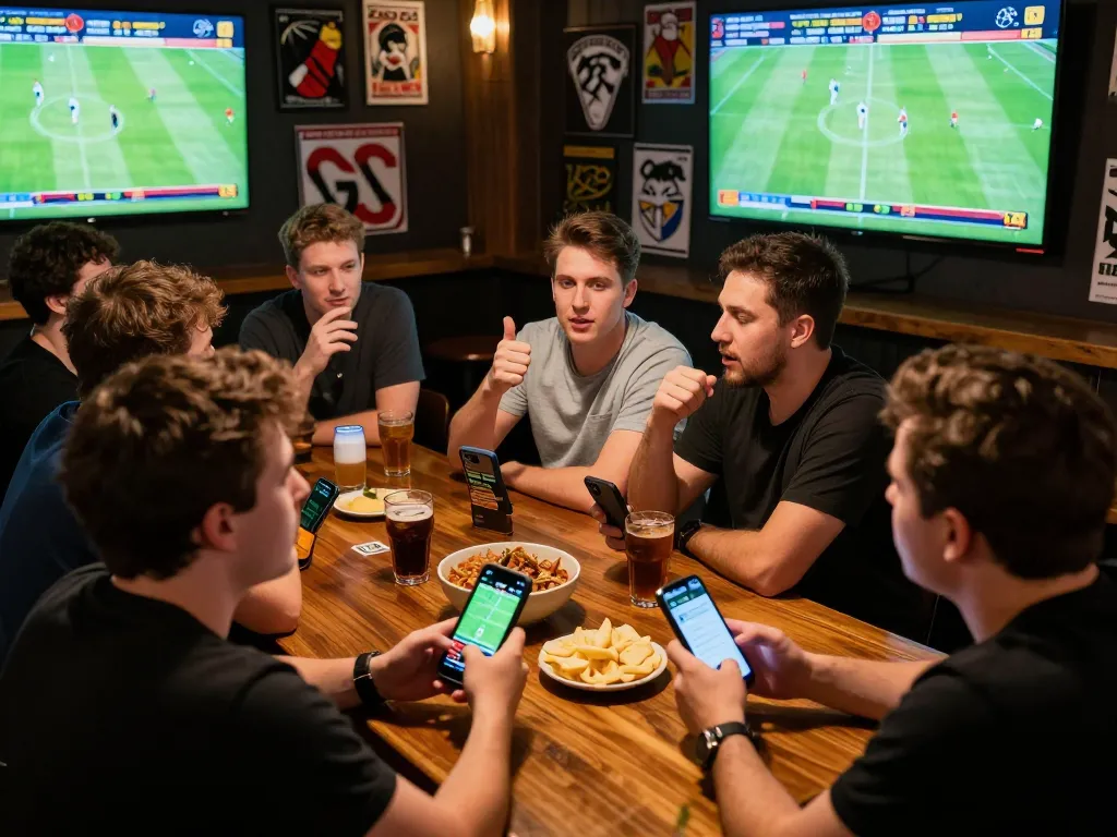 Friends experiencing the thrill of sports betting at GO8, smartphones displaying live odds during a game.