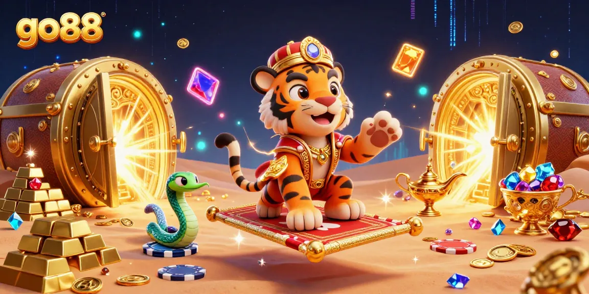 Win big at go88 with a vibrant casino scene featuring a tiger sultan on a flying carpet amidst treasures and jewels.