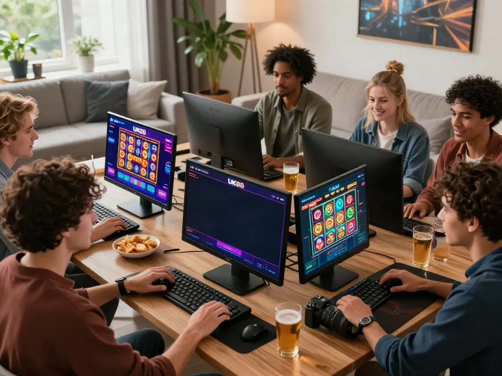 Excited friends enjoying online games at UK88 platform in a modern living room.