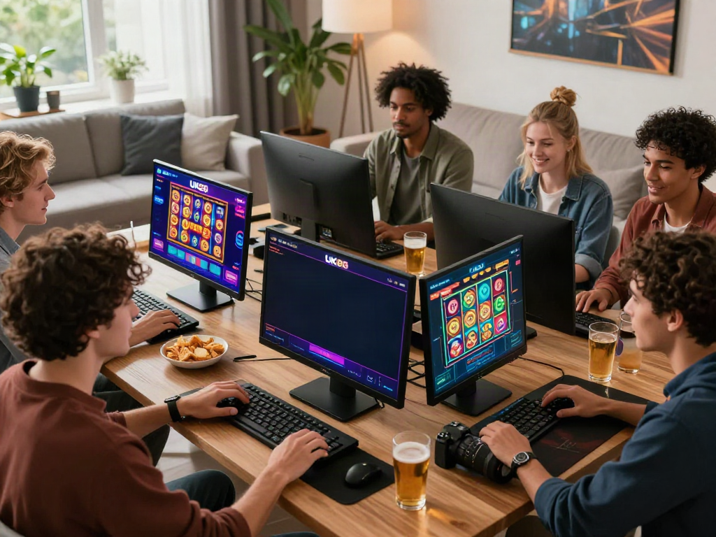 Excited friends enjoying online games at UK88 platform in a modern living room.