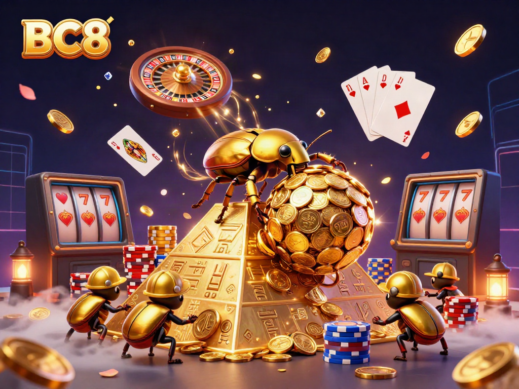 Engage in thrilling gameplay with BC8, where a golden beetle rolls a coin masterpiece in a vibrant casino scene.