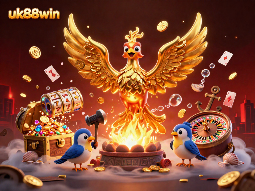 Experience the thrill of uk88win's golden phoenix in a vibrant casino scene bursting with excitement.