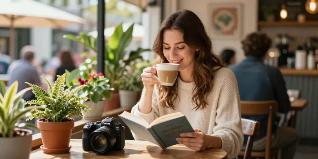 Brianna Lyman age and height captured in a cozy outdoor café while enjoying a book and coffee.