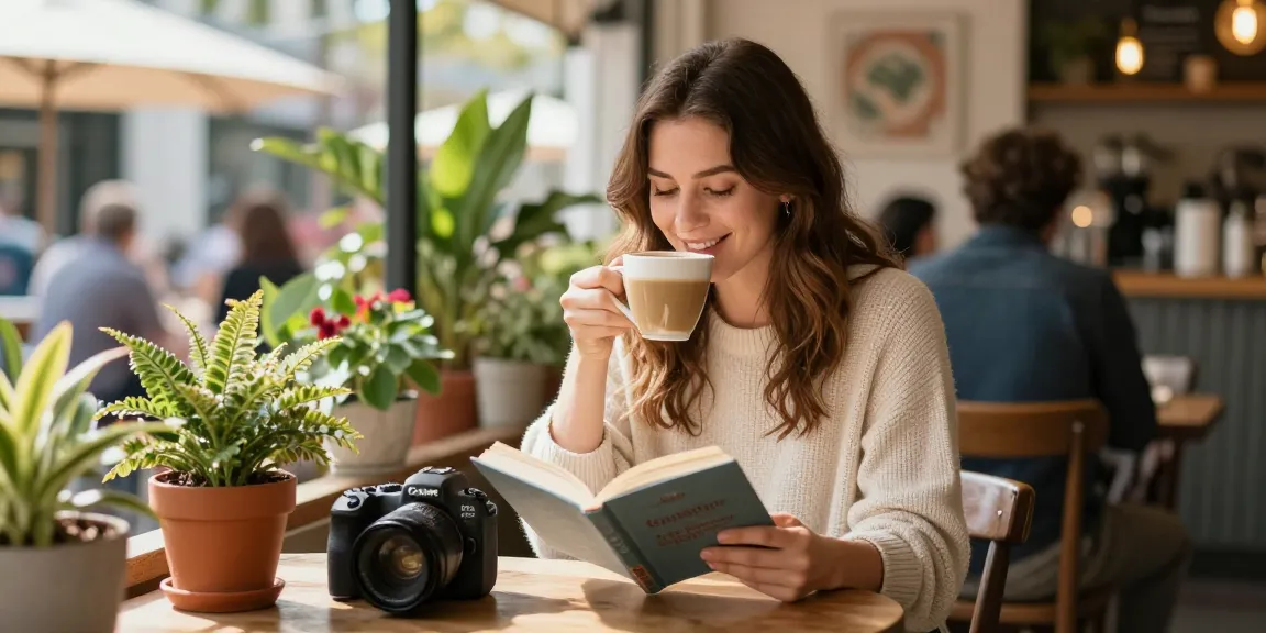 Brianna Lyman age and height captured in a cozy outdoor café while enjoying a book and coffee.