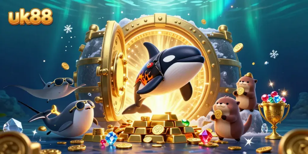 Engage with exciting rewards at uk88, featuring a playful underwater scene full of treasures and fun characters.