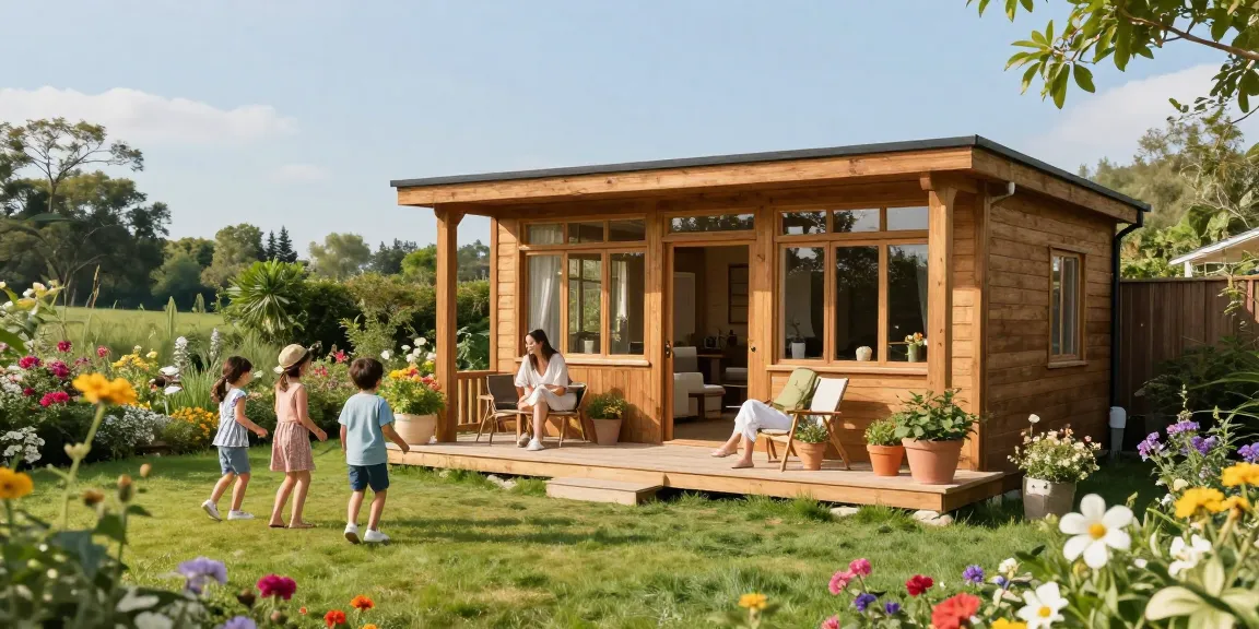 Gartenhäuser von McGarden24 in einer einladenden Familienumgebung mit blühenden Blumen und spielenden Kindern.
