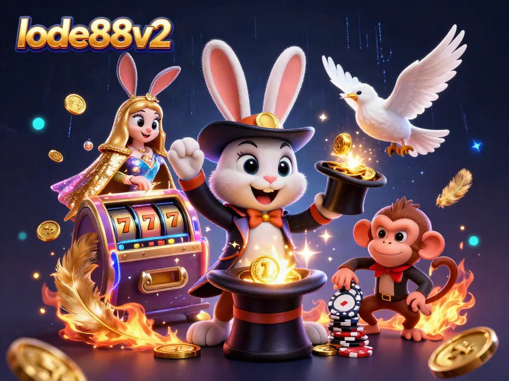 Experience lode88v2 with a magician rabbit showcasing golden coins and vibrant slot elements in a dynamic casino scene.
