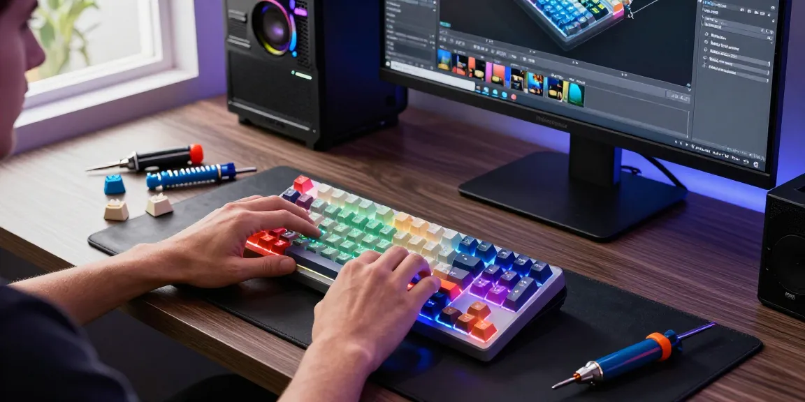 Assembling an mCHOSE custom mechanical keyboard with colorful switches and keycaps on a stylish desk.