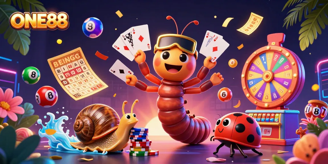 Engage with thrilling games at ONE88, featuring dynamic casino action and vibrant colorful elements.