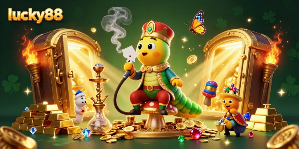 Experience the excitement of lucky88 with lavish casino elements and a whimsical character scene.