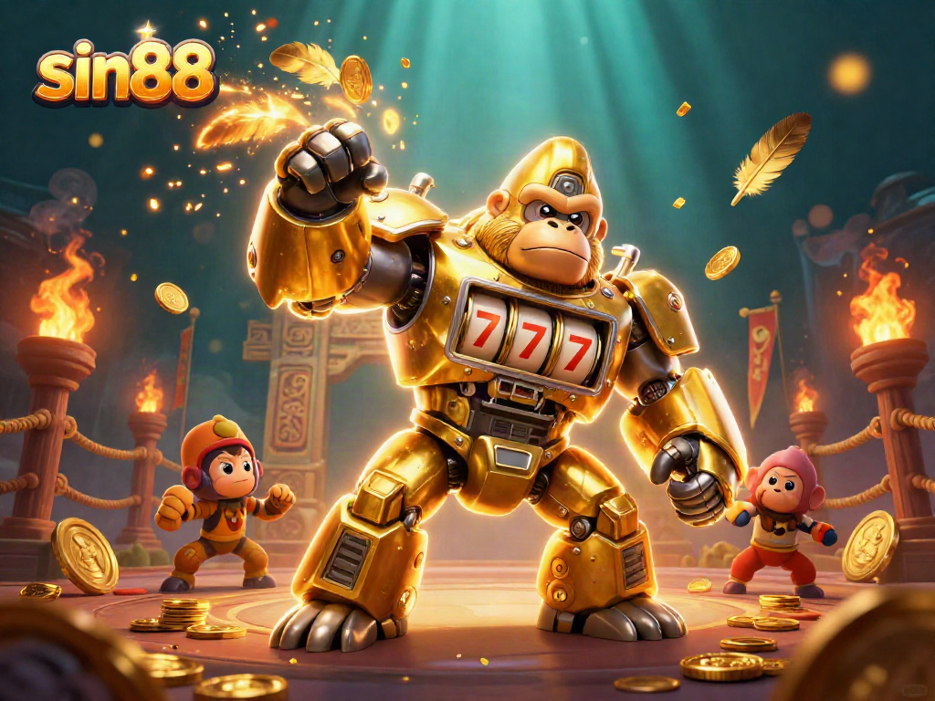 Experience thrilling gameplay with sin88's golden mech and winning elements in a dynamic casino scene.