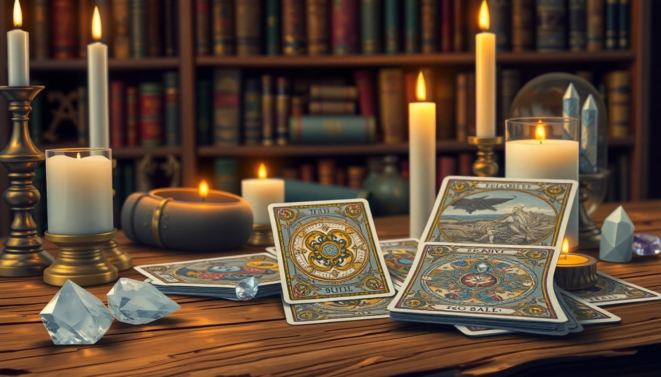 Tarotkarten bedeutung: Spirituelle Tarotkarten auf einem Holztisch mit Kerzen und Kristallen.