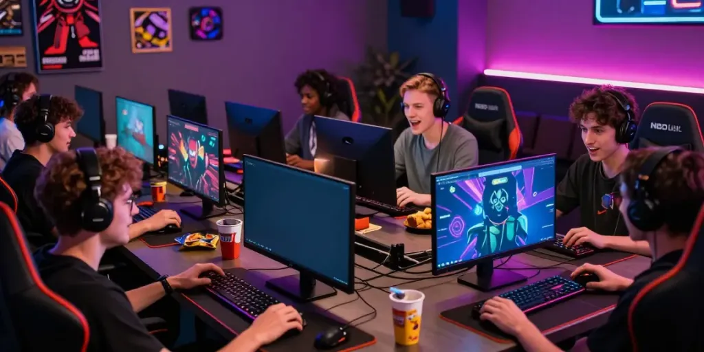 Dynamic online gaming scene at https://nbet.group/ with players engaged in various games, showcasing excitement and modern gaming culture.