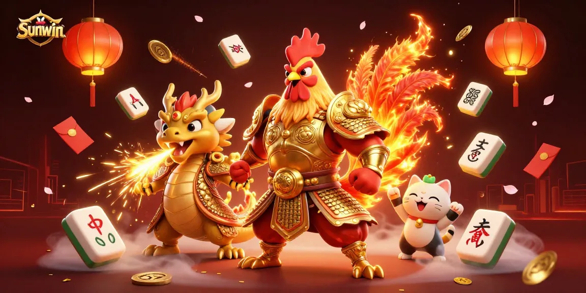 Engage in thrilling gameplay with Sunwin, featuring a fighting rooster and dragon in vibrant 3D illustration.