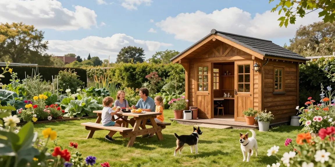 Wunderschönes Gartenhaus umgeben von blühenden Pflanzen und einer glücklichen Familie beim Grillen.