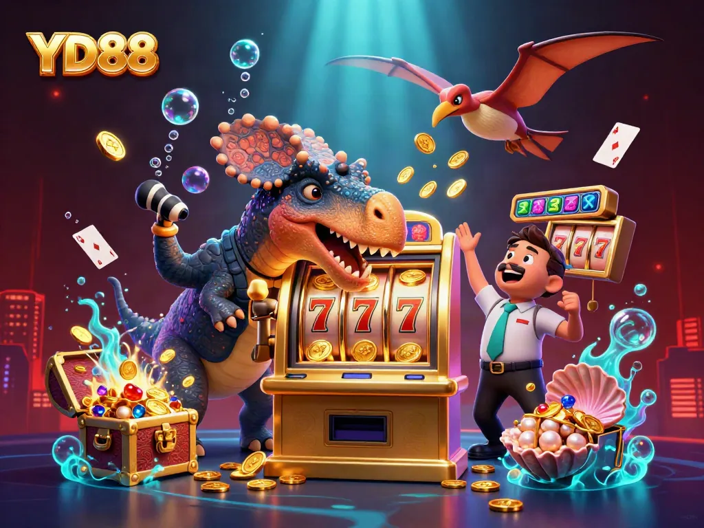 YD88 illustrates a pachycephalosaurus winning big at a golden slot machine surrounded by coins and cards.