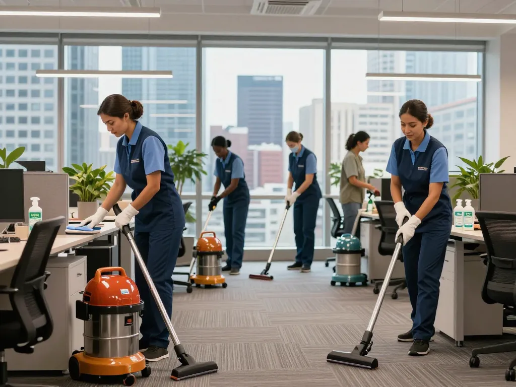 Professionelle Gebäudereinigung für Unternehmen in Münster mit einem Reinigungsteam, das eine tadellose Büroumgebung gewährleistet.