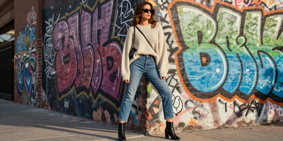 Wie style ich diesen Opa Pulli? Eine stilvolle Frau in einem Opa-Pulli kombiniert mit modernen Accessoires in einer urbanen Kulisse.