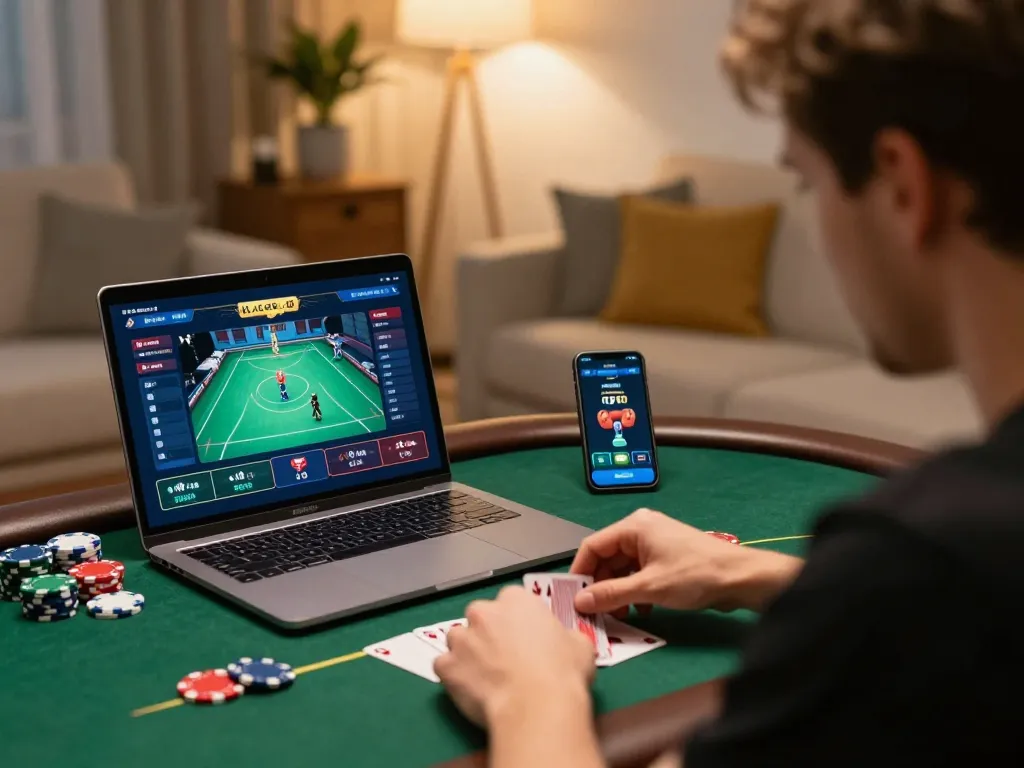Player analyzing strategy while gaming on xo88's online poker platform at home.