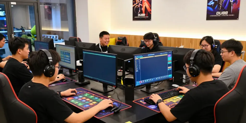 Diverse players enjoying online games at DU88 gaming café, showcasing community and excitement.