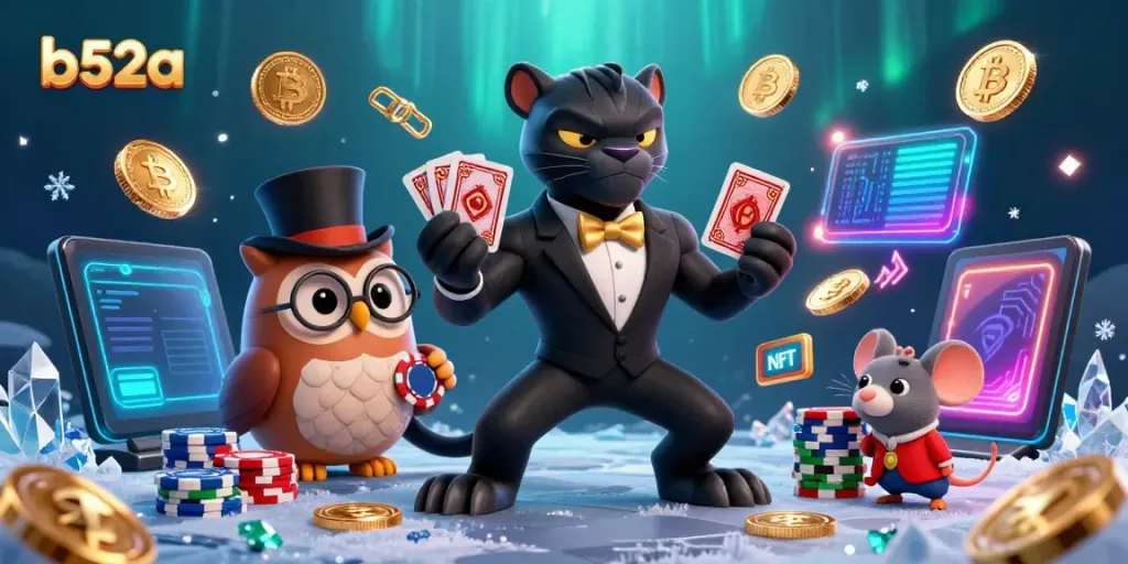 Engage in thrilling gaming with b52a as a stylish panther deals cards alongside a classy owl and lucky mouse