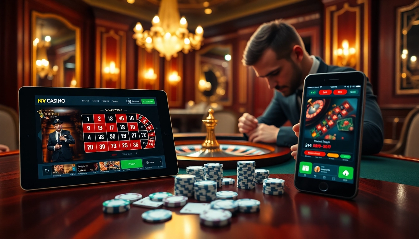 Spieler interagiert mit der NV-Casino-Oberfläche, die Roulette- und Poker-Elemente zeigt.