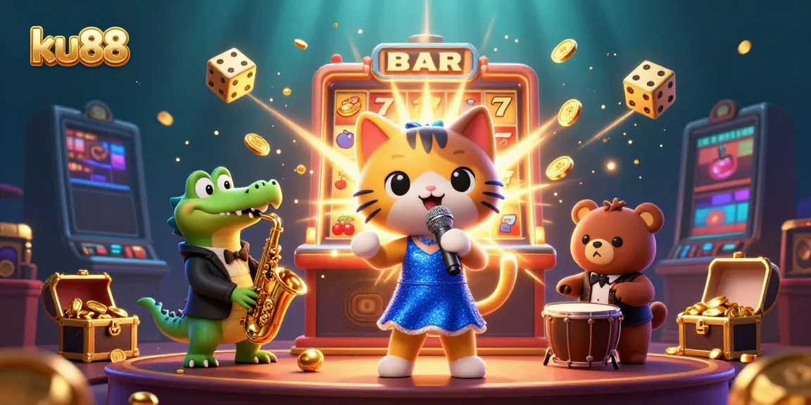 Experience the excitement of ku88 with a vibrant casino scene featuring a jazz cat, a crocodile, and a bear.