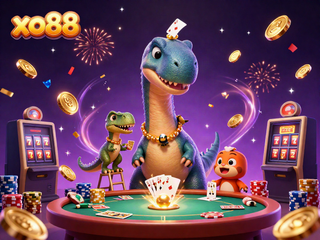 Experience the thrilling world of xo88 with a playful brontosaurus and raptor dealing cards amidst flying coins.