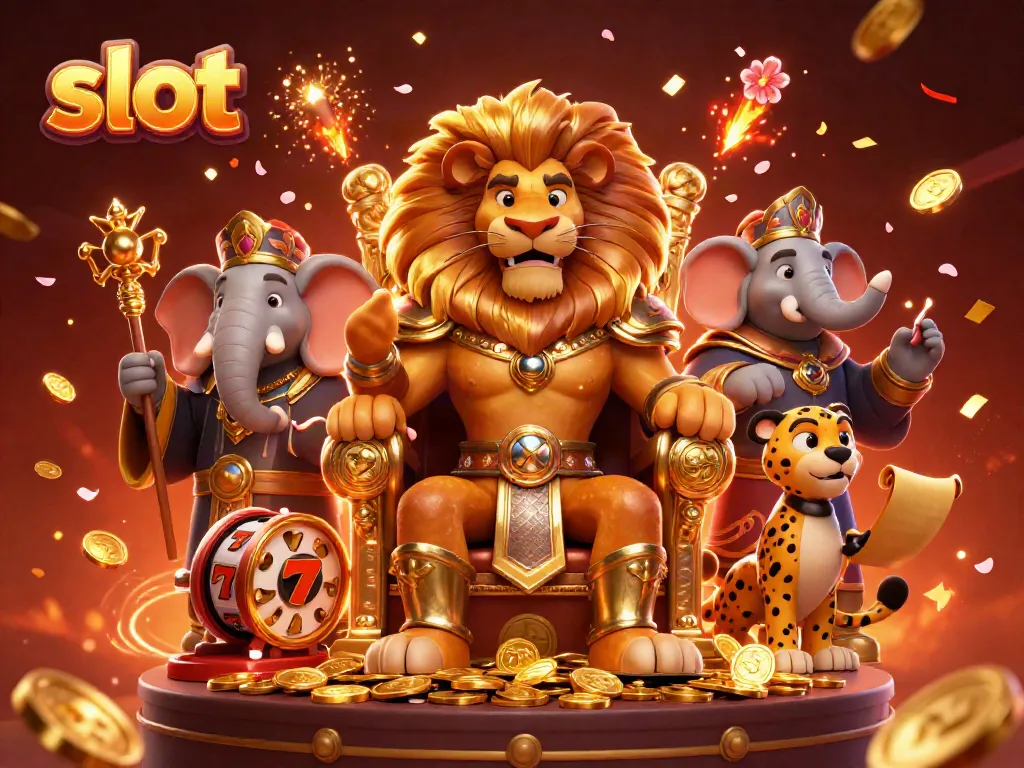 Experience thrilling slot action with a majestic lion king, an elephant advisor, and a cheetah messenger illustration.