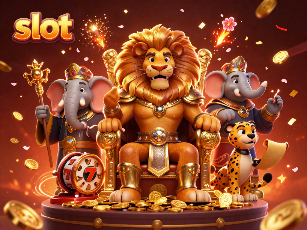 Experience thrilling slot action with a majestic lion king, an elephant advisor, and a cheetah messenger illustration.